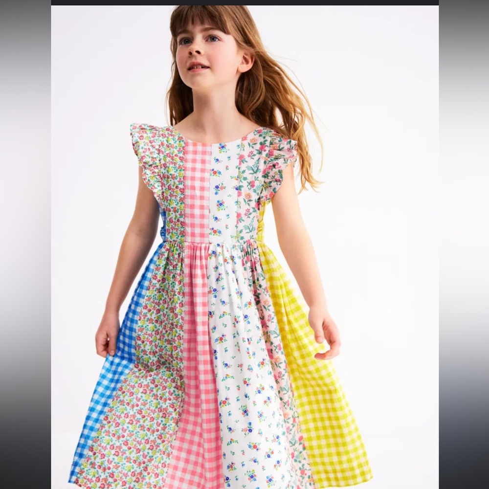 Mini Boden Patchwork Bow Back Floral Dress, Size 4-5, NWT